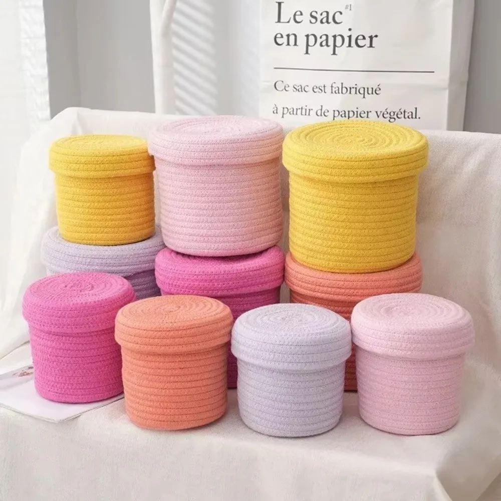 New Round Cotton Rope Storage Basket with Lid Dustproof Key Wallet Storage Basket Miscellaneous Items Home Organization Supplies
