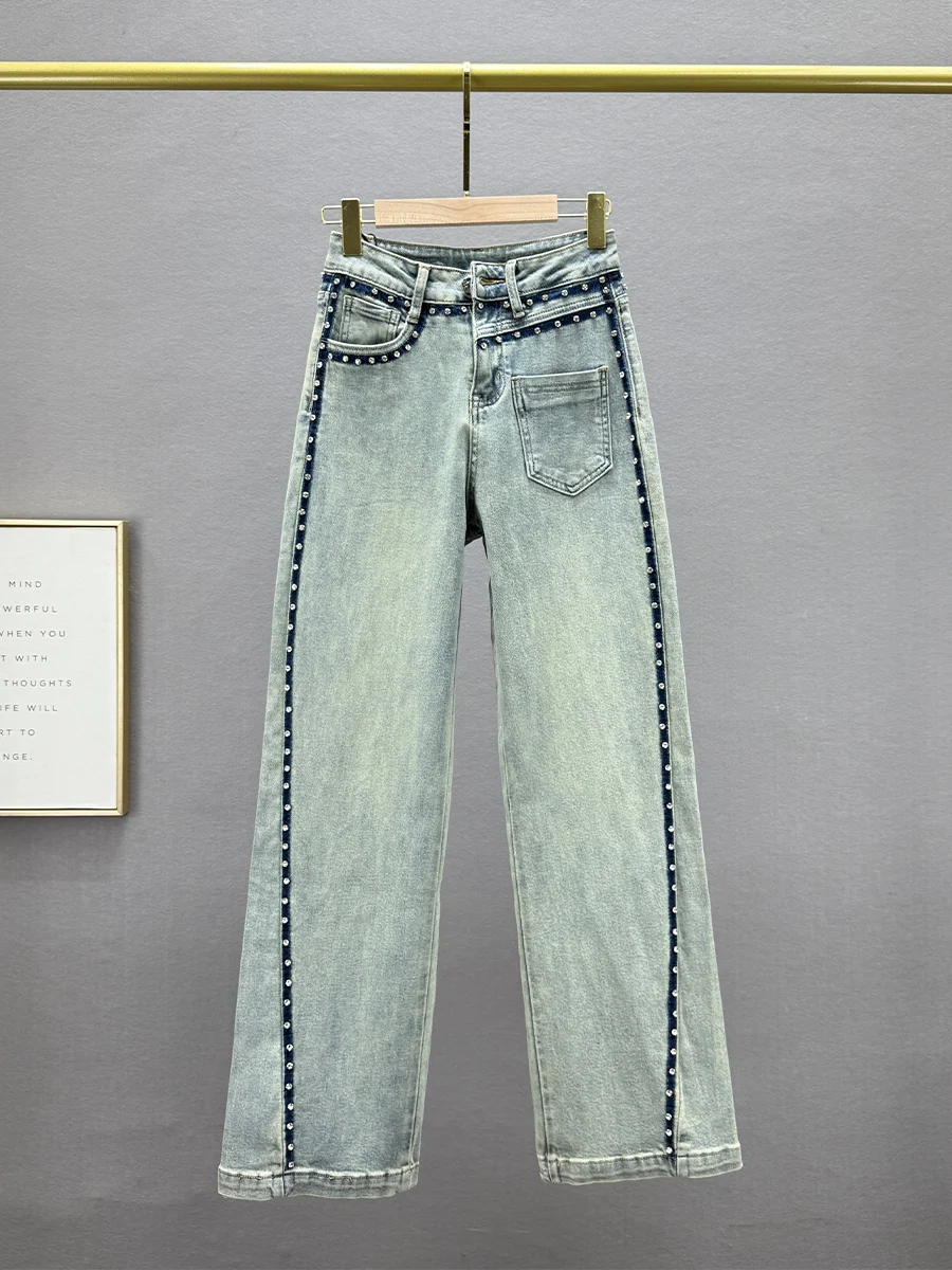 

Джинсы женские с широкими штанинами и высокой талией, украшенные стразами, весенняя новинка, свободные, стройнящие, в пол, из хлопкового стрейч-денима