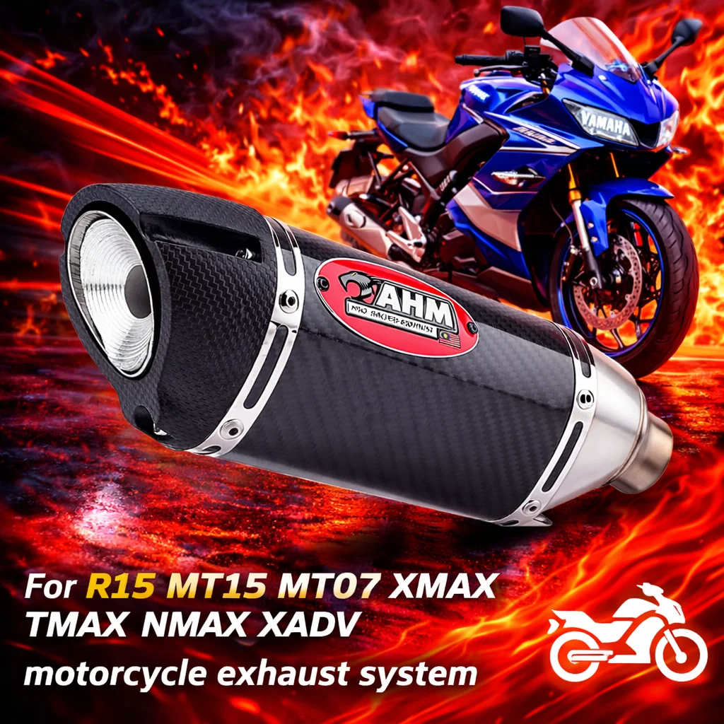 

Универсальная выхлопная система для мотоциклов R15/MT15/MT07/XMAX/TMAX/NMAX/XADV, модифицированная с использованием глушителя из углеродного волокна AHM.