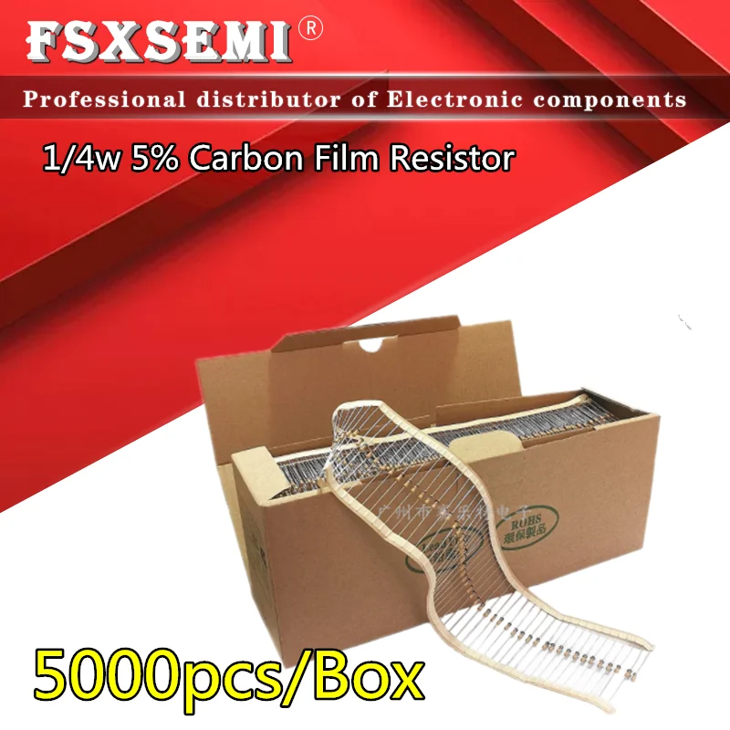 5000pcs 1/4W Carbon Film Resistors 5% 0R~20M 1R 10M 10R 47R 100R 220R 1K 10K 4K7 100K 560K 1M 3M3 ohm Color Ring Resistance