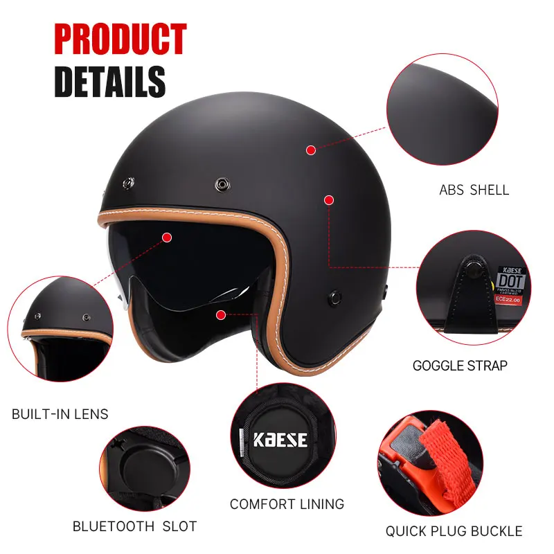 Open Face Helmet Motorcycle Helmet Men\'s Vintage Retro 3/4 Jet Helmet Cafe Racer Helmet All-season Universal DOT Motorcycle