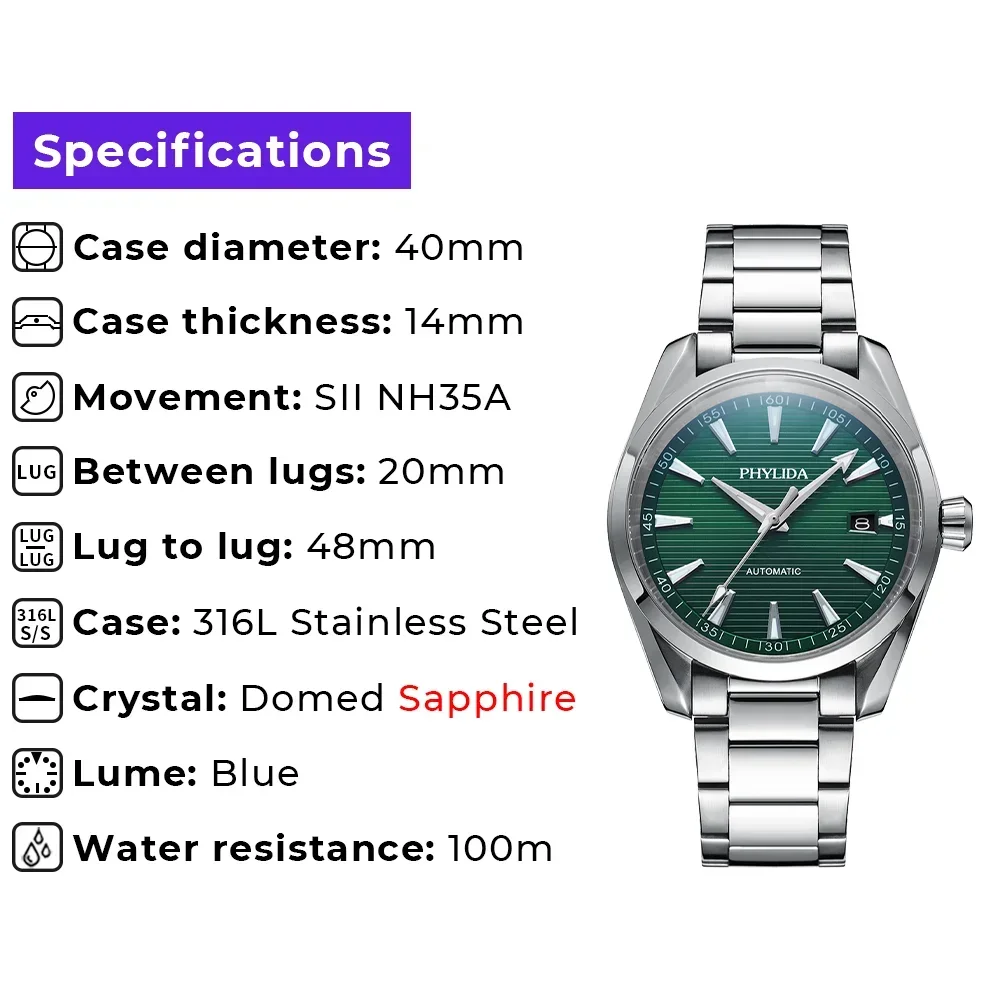 PHYLIDA New Aqua Automatic Watch Solid SS Sapphire Crystal NH35A Mechanical Wristwatch 100WR Diver