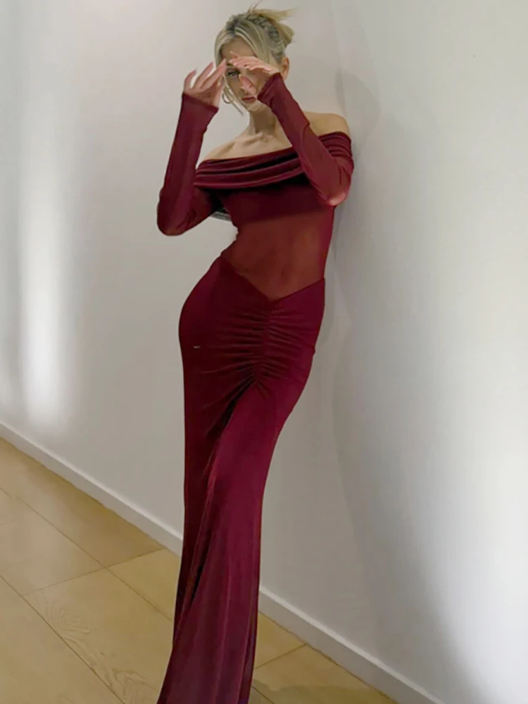 

JULISSA MO Sexy Off Shoulder Mesh Women Maxi Dress Red Long Sleeve Evening Dress Female Winter Slim Elegant Party Clubwear 2025