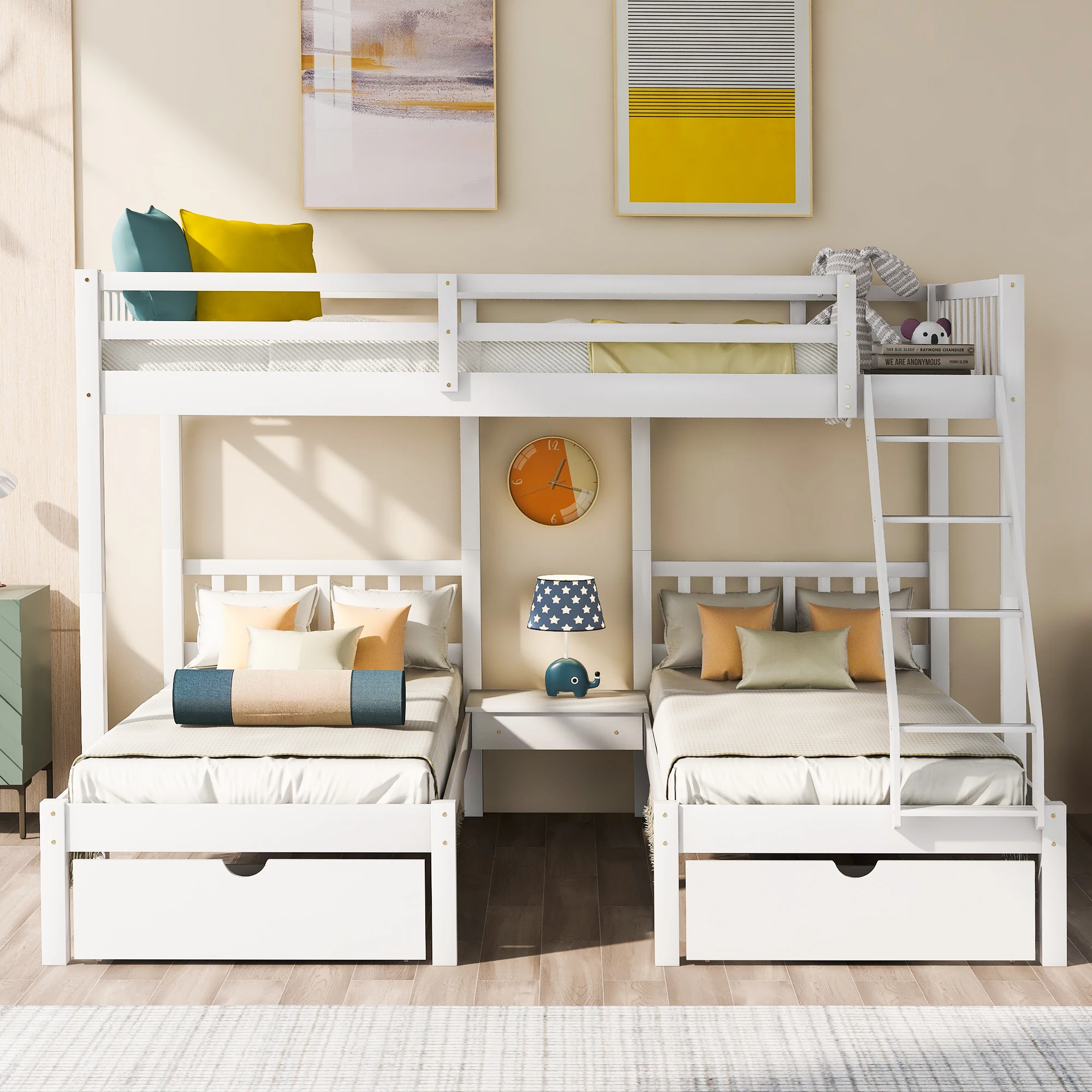 Full Over Twin & Twin Bunk Bed, Wood Triple Bunk with Drawers, Guardrails - White  96.80x80x69 in.