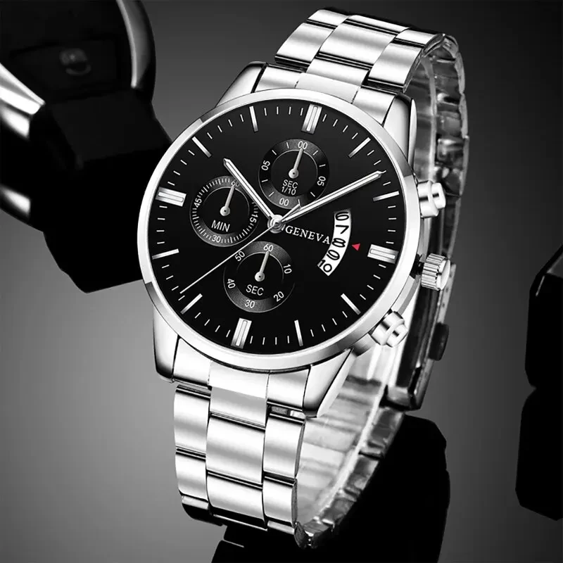 3PCS/Set 1pc Fashion Men\'s Casual Stainless Steel Watch Luxury Calendar Quartz Watch and 1 Pc Bracelet and 1 Pc Necklace