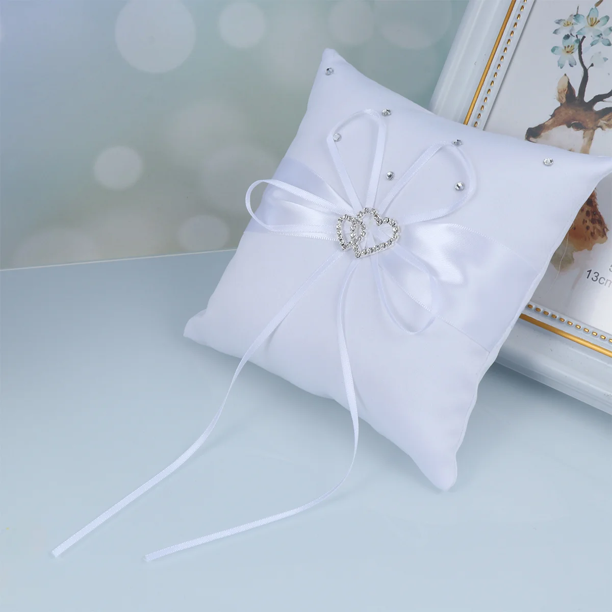 15*15Cm Bridal Ring Pillow White Satin Rhinestone Double Heart For Wedding Ceremony Ring Bearer Cushion Party Decoration