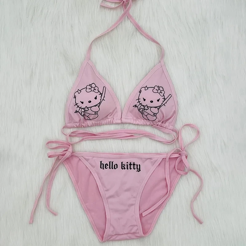 Conjunto de biquíni Hello Kitty para mulheres, maiô Sanrio, calcinha de praia, moda praia sexy, biquínis de verão, roupas Y2K, 2 peças, 2024