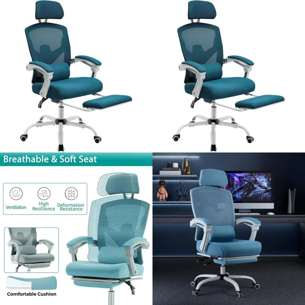 كرسي مكتب منزلي مع مسند للقدمين، كراسي دوارة شبكية عالية الظهر مع عجلات، مسند رأس مريح، قطني S #1