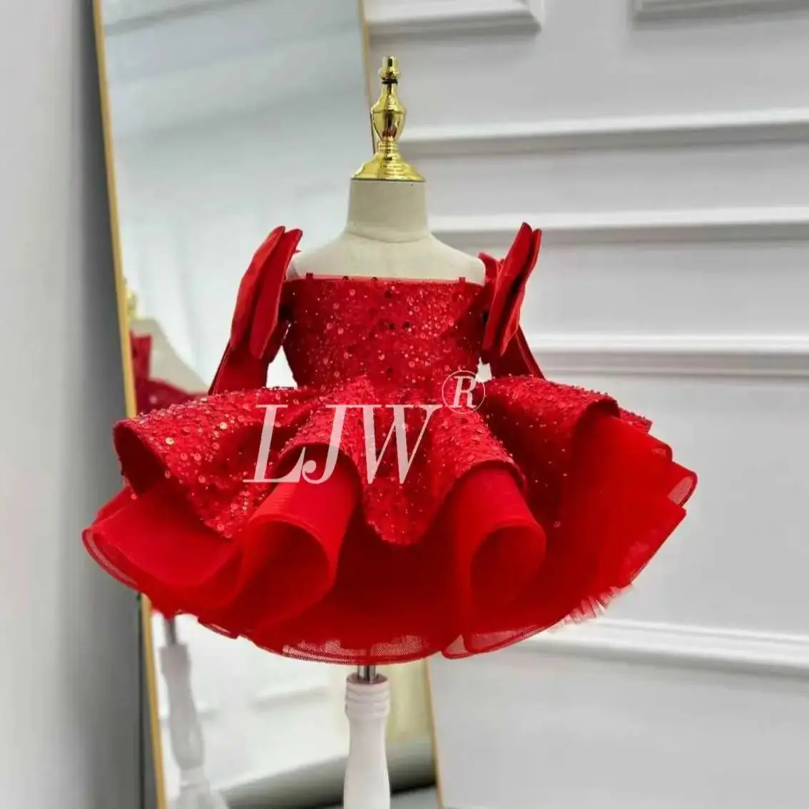 

off-the-shoulder red bow tie Christmas festival Performance Princess dress Girl Celebration Ball Dress Children Baptism Outfit