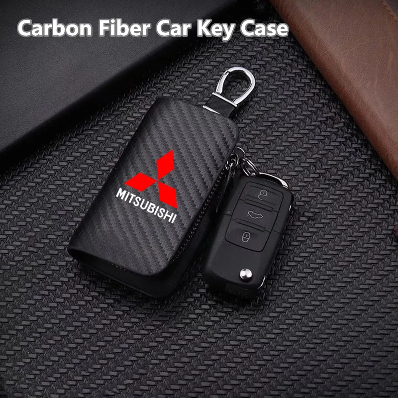 Car Key Protector Bag Carbon Fiber Key Holder Keyring Wallet Zipper for Mitsubishi Lancer ASX Outlander Pajero Evolution Car