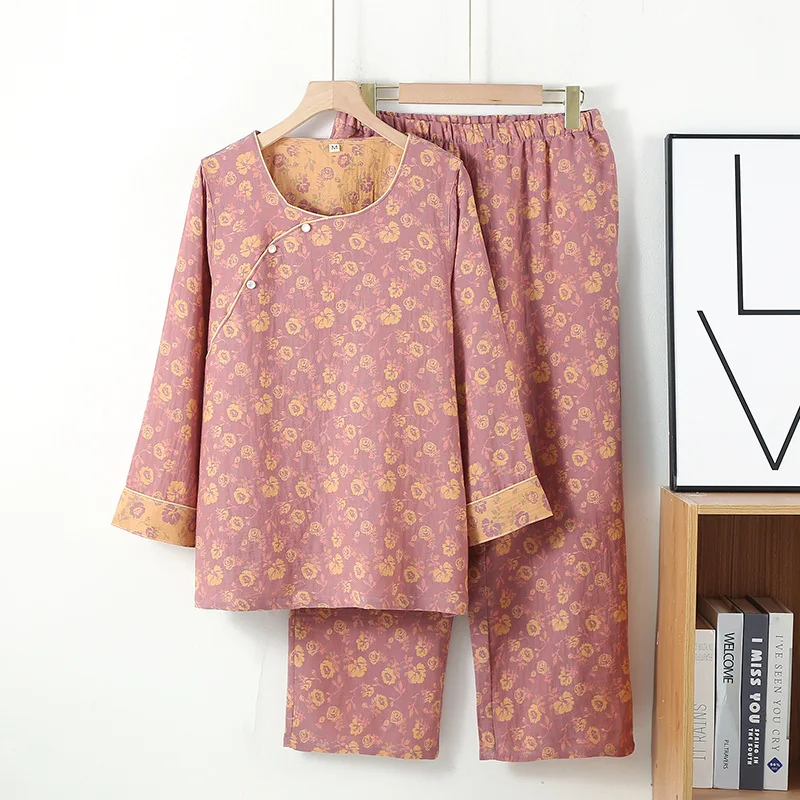 

Chinese National Style Cotton Jacquard Pajamas Set for Women's Summer Long Sleeved Pullover Pants Loungewear Set Thin Pyjamas