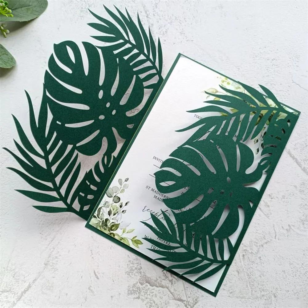

Green Palm Laser Cut Wedding Invitation Cards Personalized Printing Decorative Pieces 50 Sets