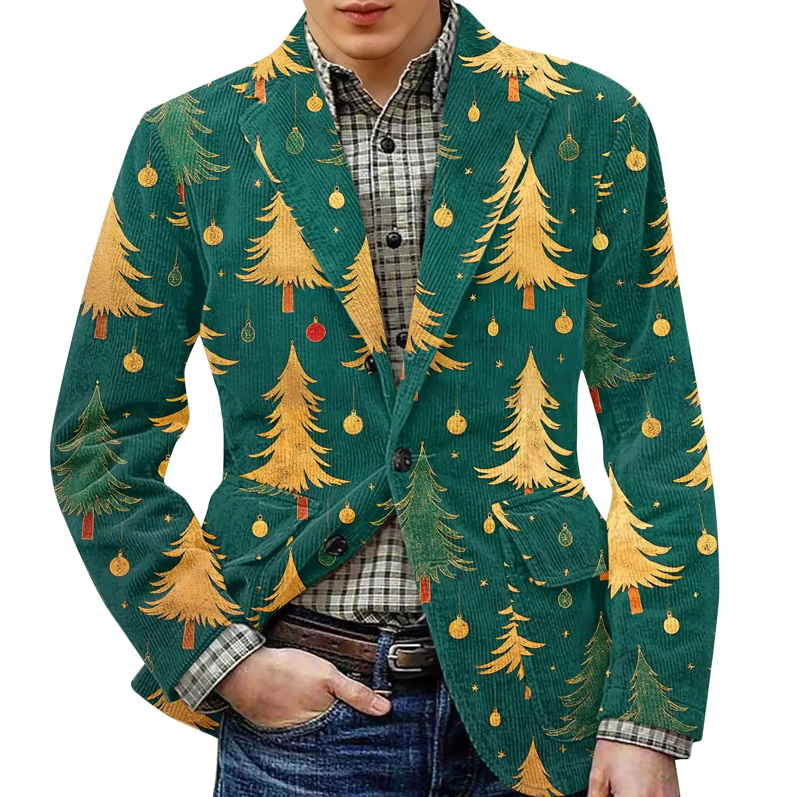 

Christmas Tree Ornament Print Blazer Men Corduroy Jacket Fashion-Forward Men's Apparel Look Stylish Festive Leisure Blazer