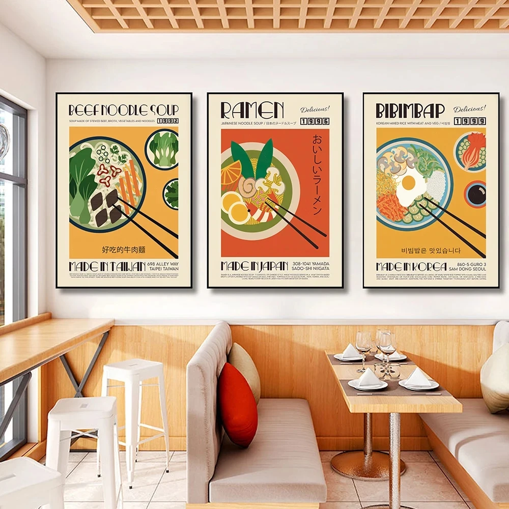 Vintage Japanese Korean Food Poster Gyoza Katsu Kimchi Bibimbap Canvas Painting Wall Art Pictures Kitchen Restaurant Room Decor