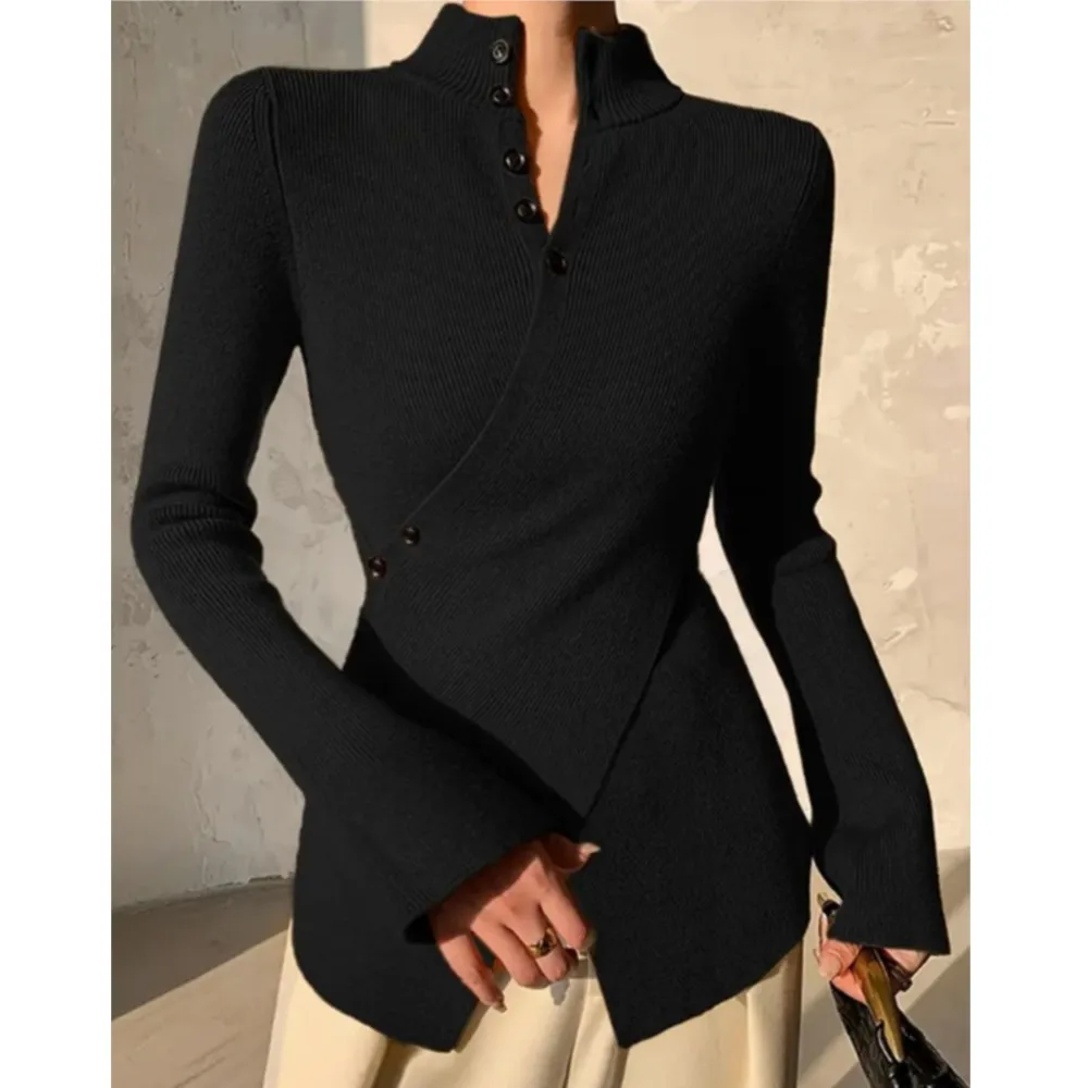 

Knitted Shirt Stand Up Collar Asymmetrical Cross Button Autumn Winter Women's New Look Slimming Solid Color Top