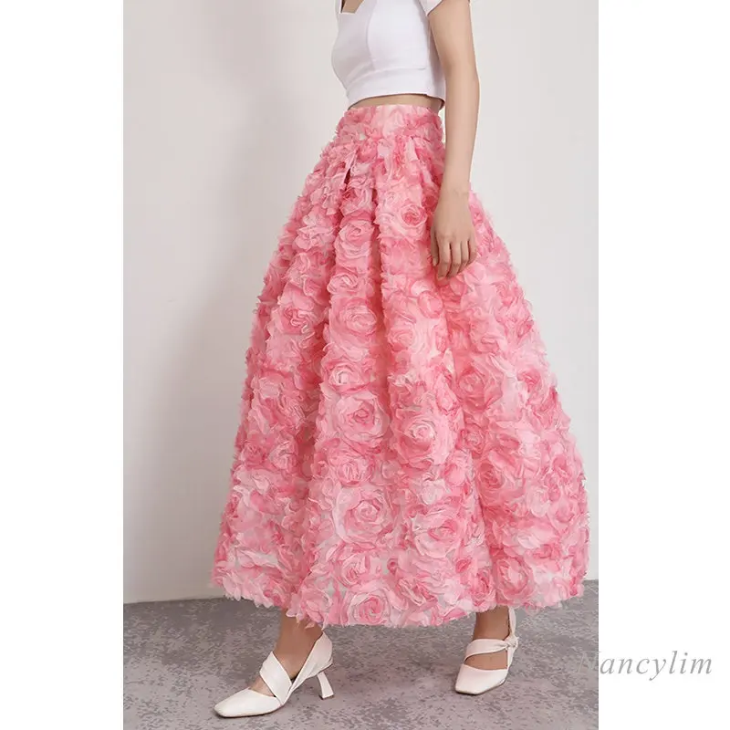 Pink Roses Three-Dimensional Floral Gauze Skirt Women 2024 Spring Summer Skirts New Romantic French Style Bubble Skirt Holiday