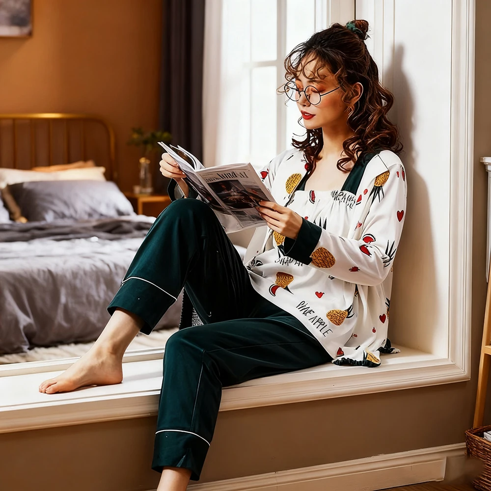 Plus Size Women's 7-Piece Cotton Pajama Set - Cartoon Long Sleeve, Soft Cozy Loungewear