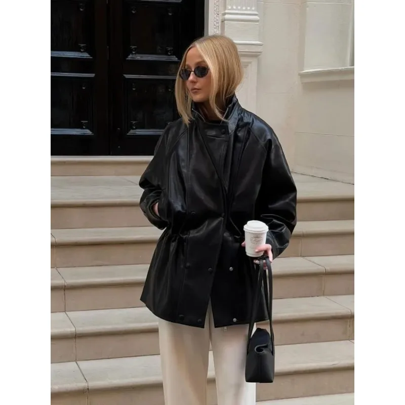 แจ็คเก็ตหนังสีดำทรงมิดิ  สำหรับผู้หญิง  แฟชั่นคอตั้ง  กระดุมสองแถว  ซิป  ทรงหลวม  เสื้อคลุมสำหรับใส่ในชีวิตประจำวัน