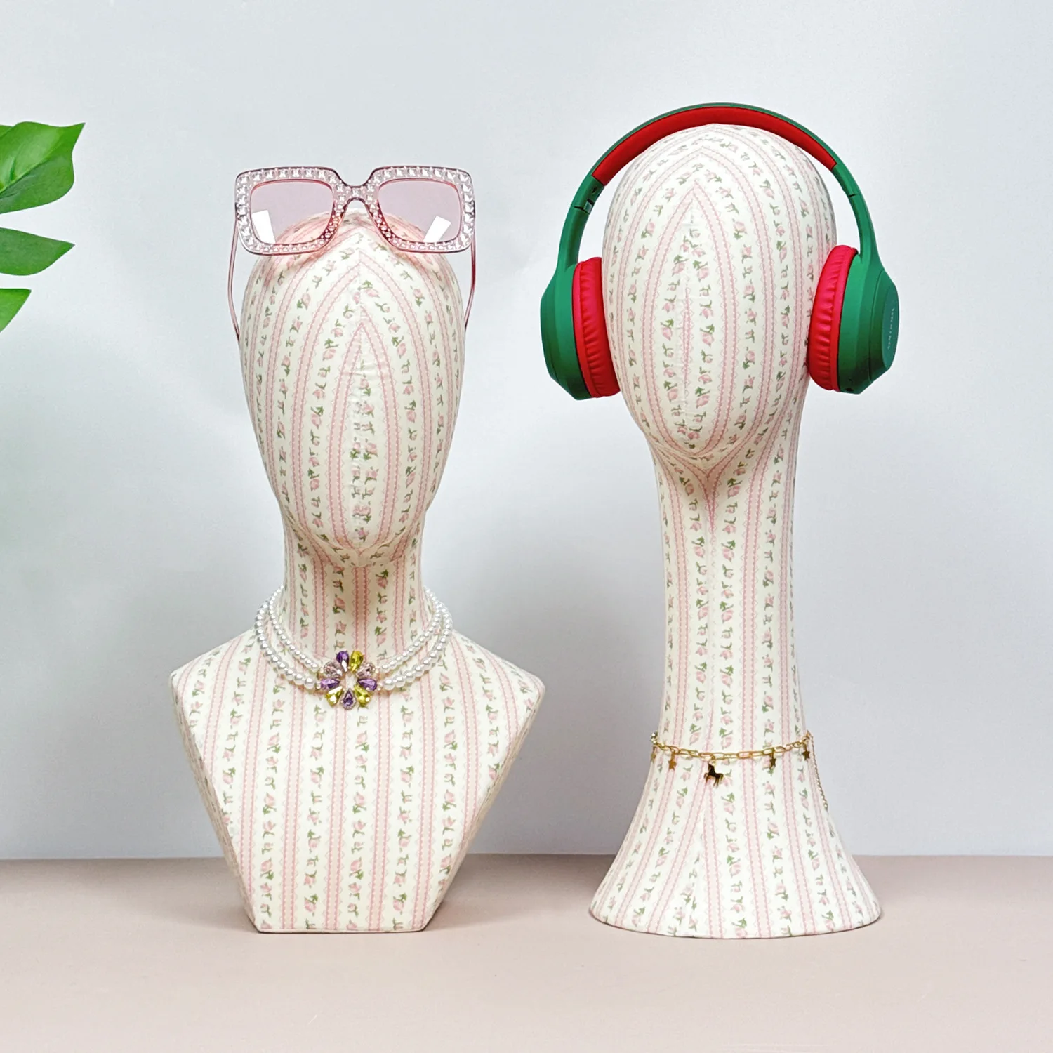 Floral Fabric Mannequin Head Model Props, Hat Rack for Direct Insertion of Needle Head Models