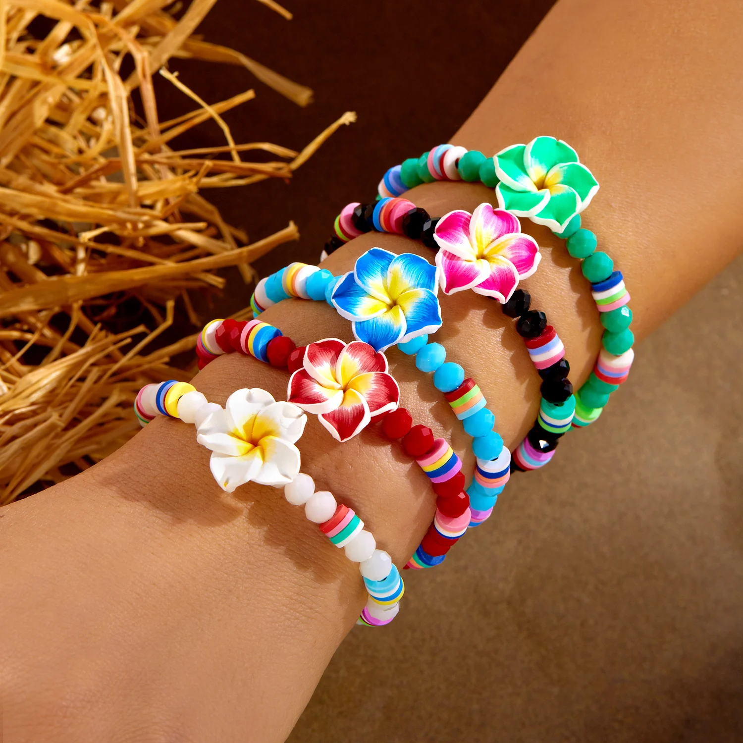 Crystal Polymer Clay Flower Braided Drawstring Bracelet Bohemian Beach Vacation Style Fashion Accessory Holiday Gift