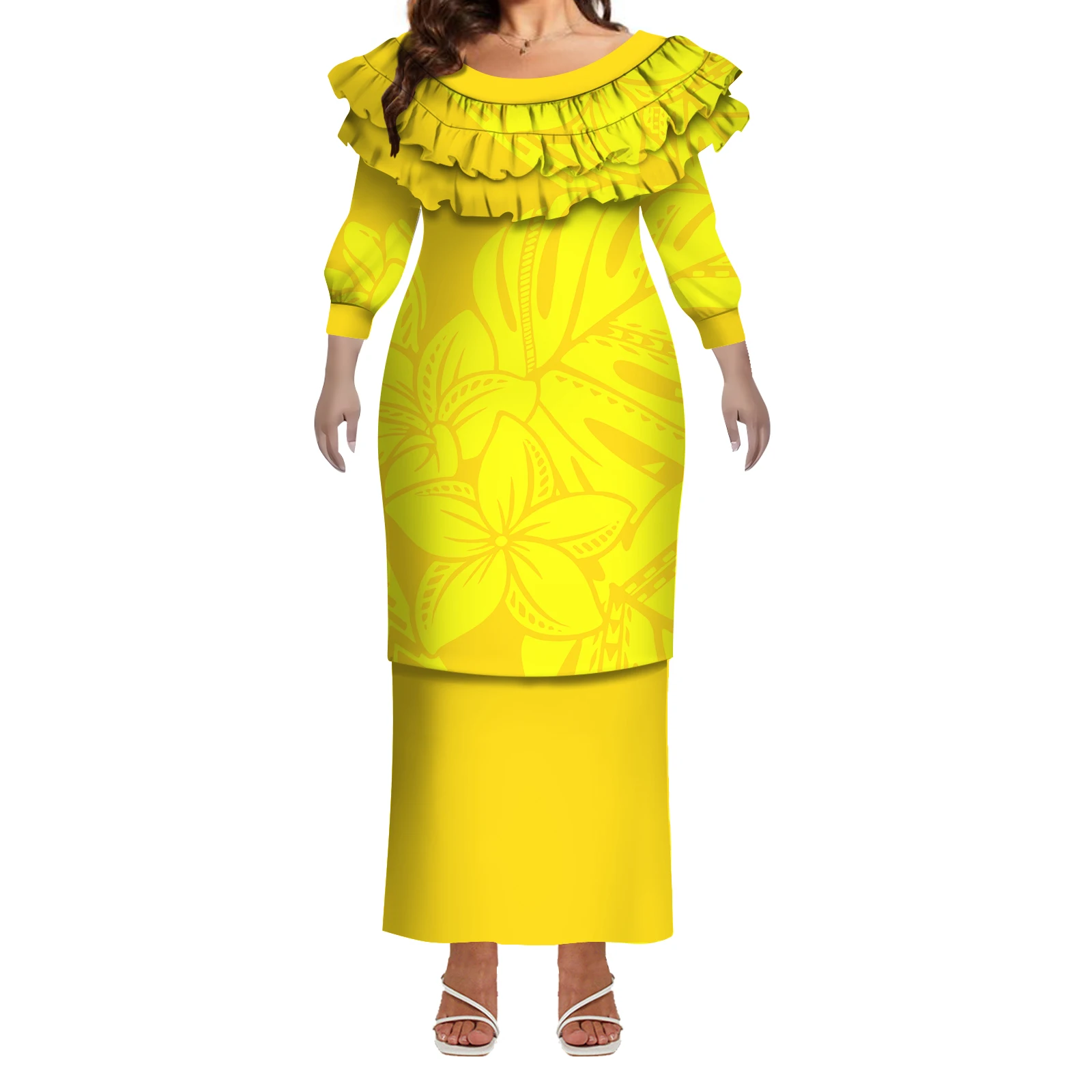 Puletasi vestido de verão de manga média com babados de camada dupla e justo, vestido feito sob medida para mulheres polinesias