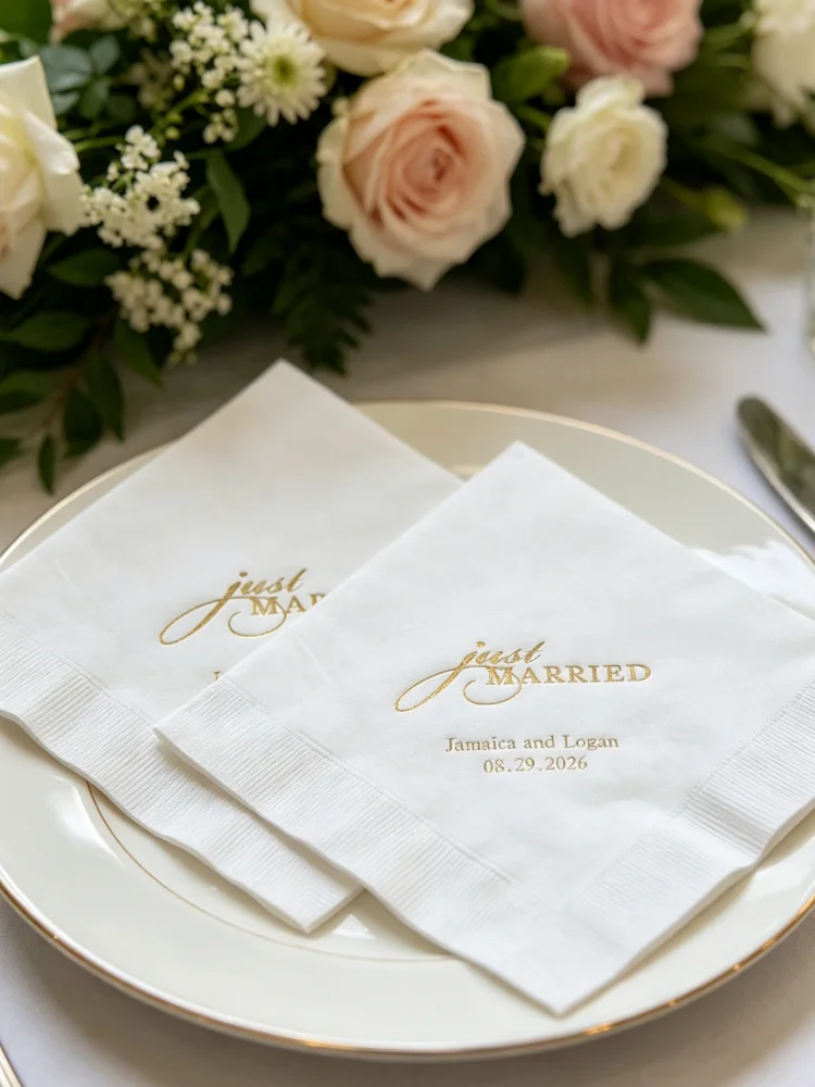 Personalized Printed Just Married Napkins Custom Disposable Paper Cocktail Towels Wedding Reception Custom Table Favor