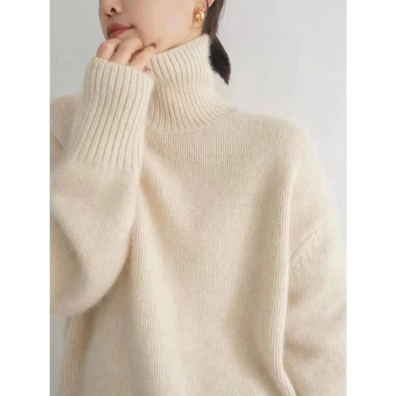 

Women High Neck Thick Wool Pullover Sweater 2024 Autumn And Winter New Warm Loose Knitted Jumpers Elegant Female Street Sweaters