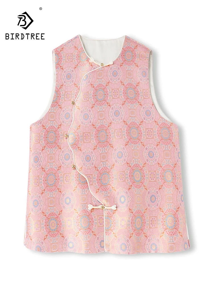 

BirdTree-Silk Song Brocade Elegant Vest, O Neck Geometry, Women Retro Luxury Commute Loose Irregular Coat, 2026 Spring T62266CC