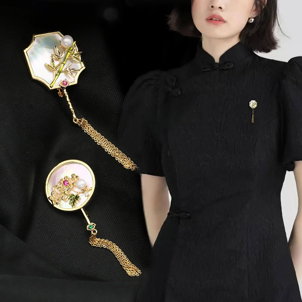 Broches de abanico de Pipa de estilo chino, flor de ciruelo, orquídea, bambú, crisantemo, perla, borla, Pin de solapa, regalos de joyería para fiesta de oficina para mujer
