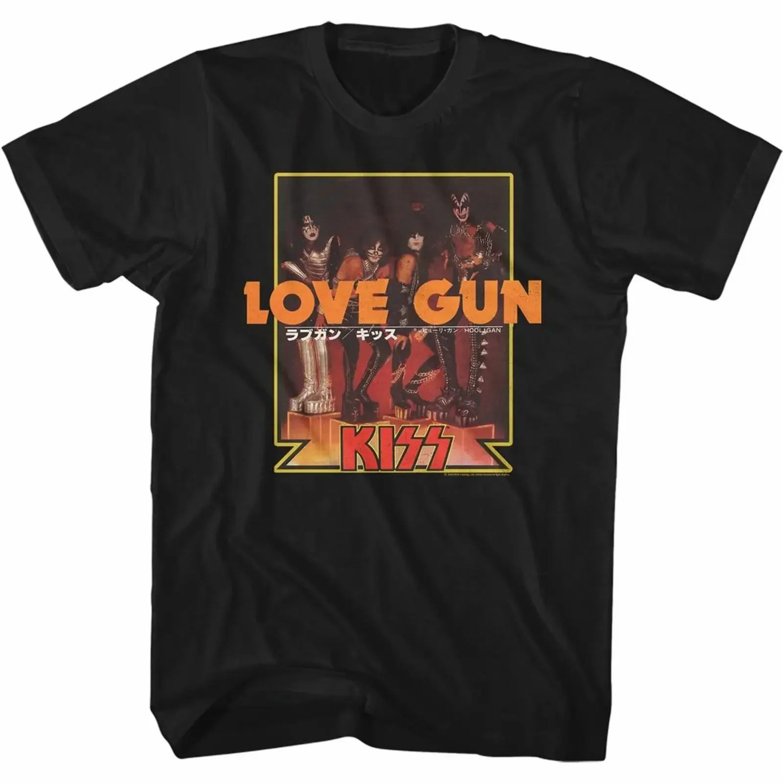 Kiss Love Gun Japanese Txt Black Adult T Shirt vintage Washed Slightly streetwear Stylish Stretched Top For Everyday Wear