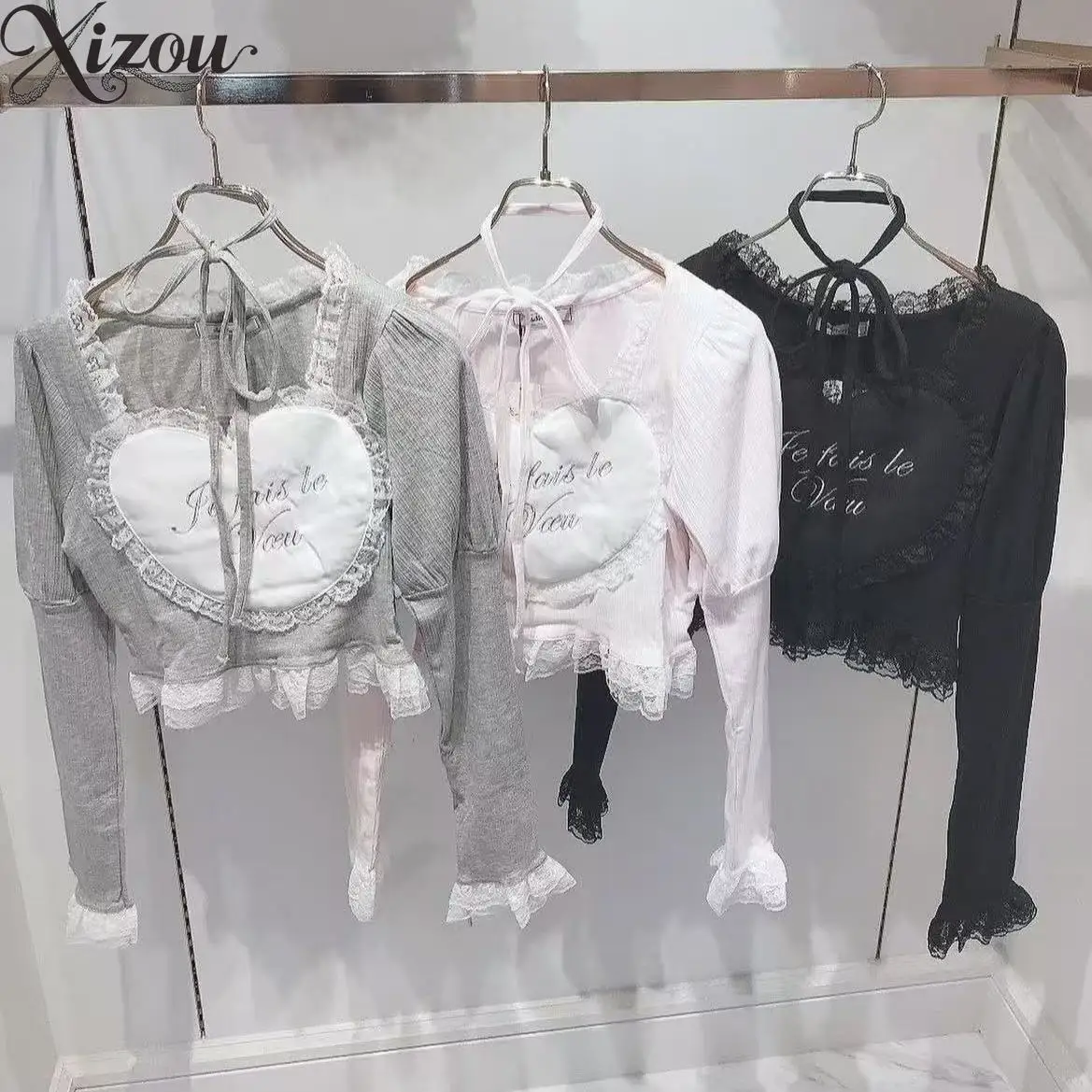 

2025 Japanese Sweet Knitted Tops Women Lace Heart Bow Slim Long Sleeve T-Shirts Lolita Pullovers Letter Cute Slim Fit Lace-up