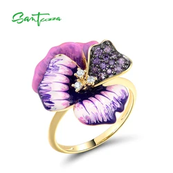 SANTUZZA Pure 925 Sterling Silver Ring For Women Sparkling Amethyst Cubic Zirconia Enamel Flower Exquisite Party Fine Jewelry