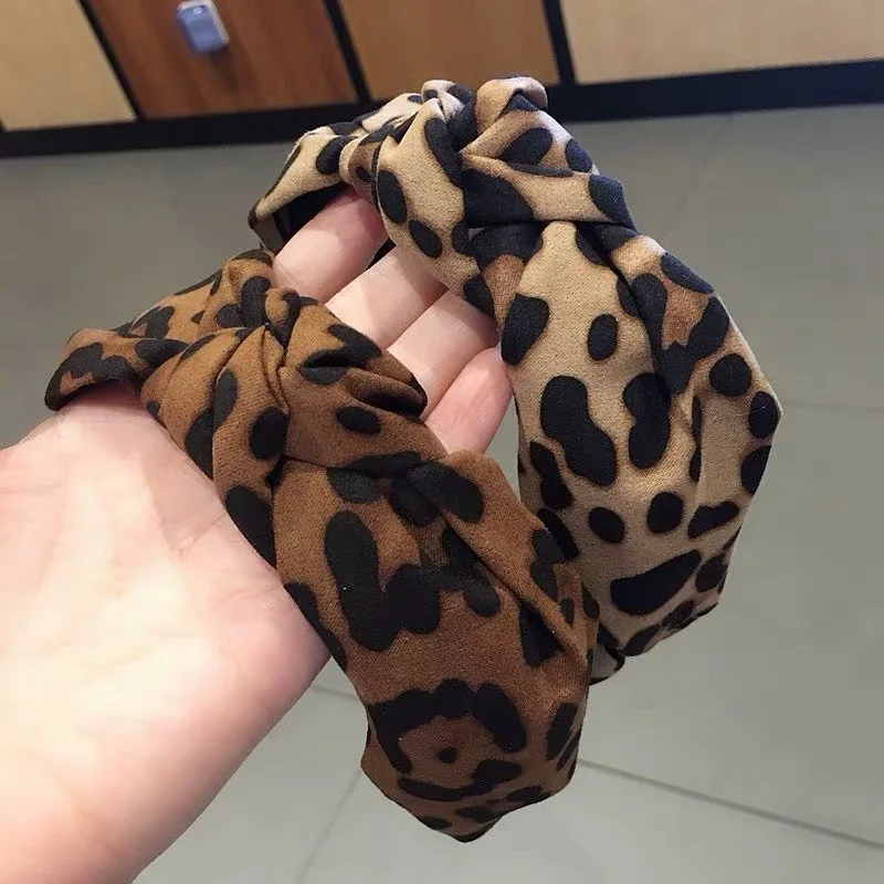 Lazo con estampado de leopardo para mujer, accesorios para el cabello de tela de Boutique, diadema anudada de ala ancha con contraste de Color sólido