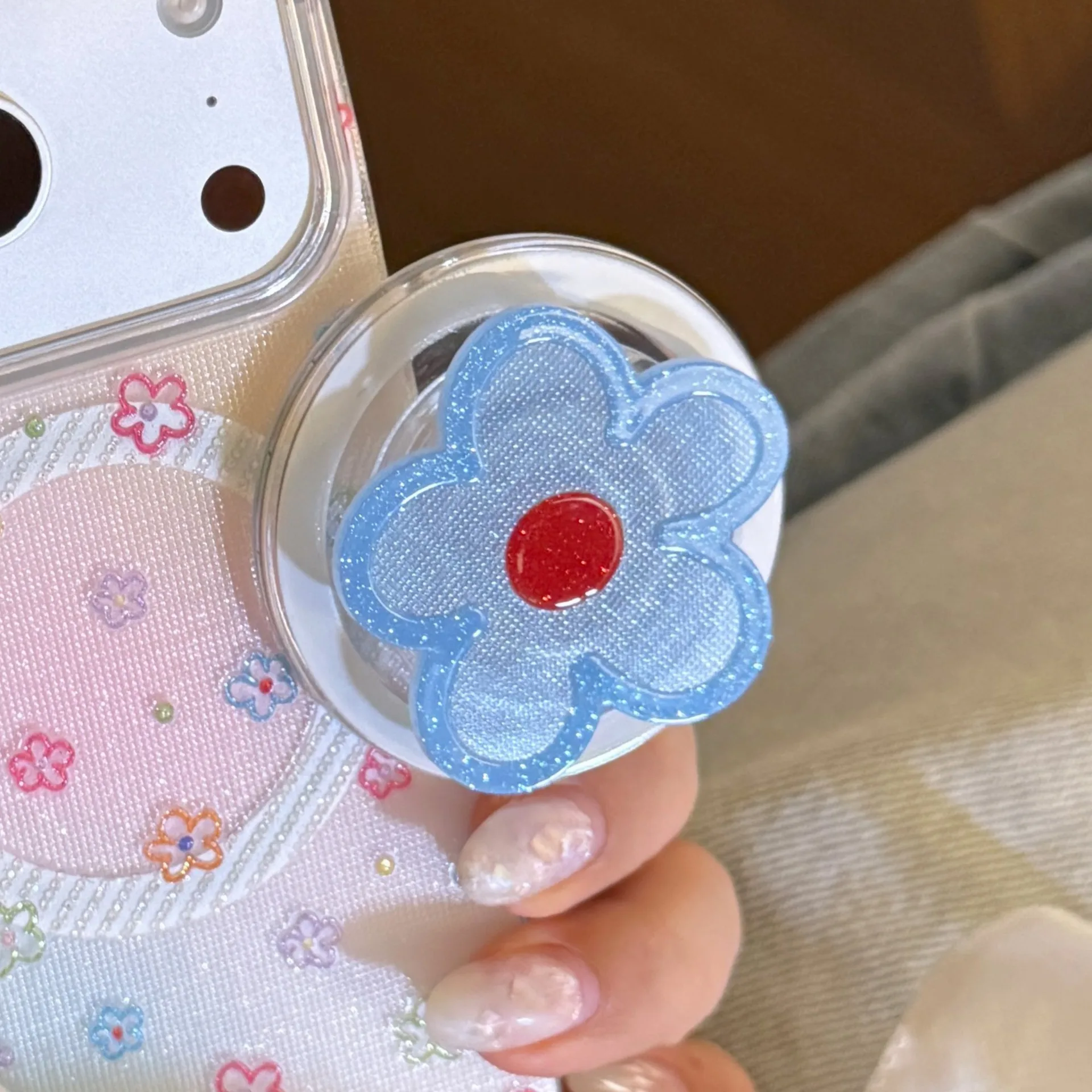 

ins Klein Blue Flower Gliter Magnetic Phone Grip Holder Foldable Lazy Bracket For Magsafe Finger Socket Universal Smart Tok