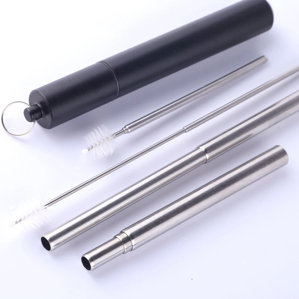 قش قابل للطي من الفولاذ المقاوم للصدأ قابل لإعادة الاستخدام تلسكوبي محمول 304 درجة طعام للسفر في الهواء الطلق مكتب منزلي مع تنظيف