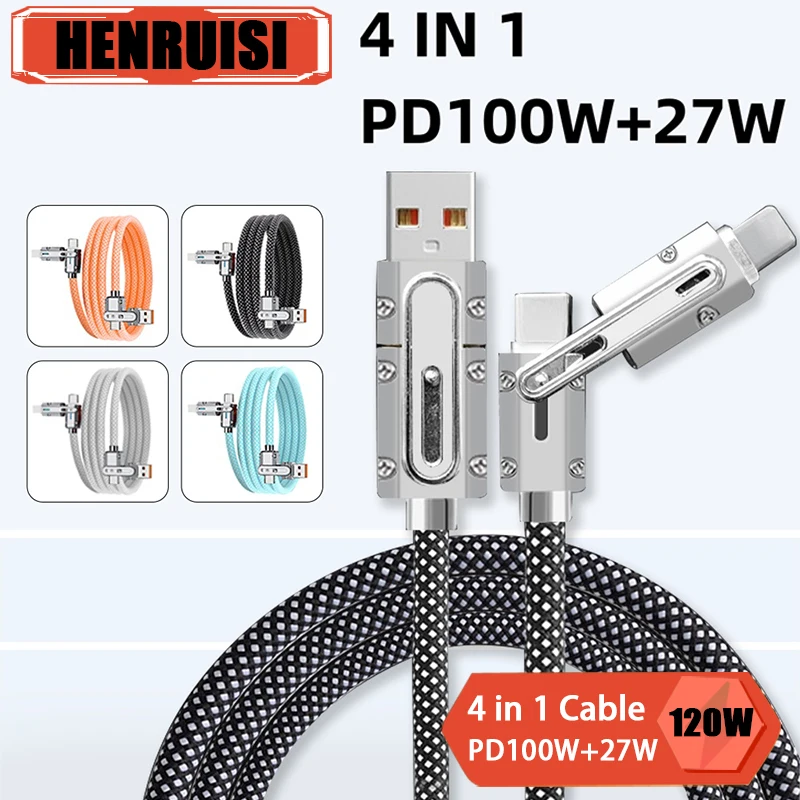 Kabel danych 4 w 1 PD 100 W do szybkiego ładowania Kabel USB typu C do typu C Kabel do transmisji danych do iPhone15 14 Pro Samsung S24 Huawei Xiaomi