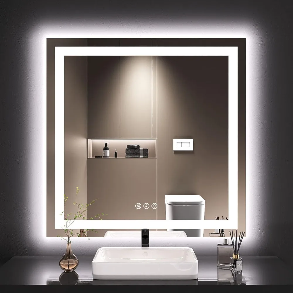 36X36 LED Bathroom Mirror Lights, Anti-Fog, Dimmable, Backlit + Front Lit, Lighted Bathroom Vanity Wall, Memory Function,