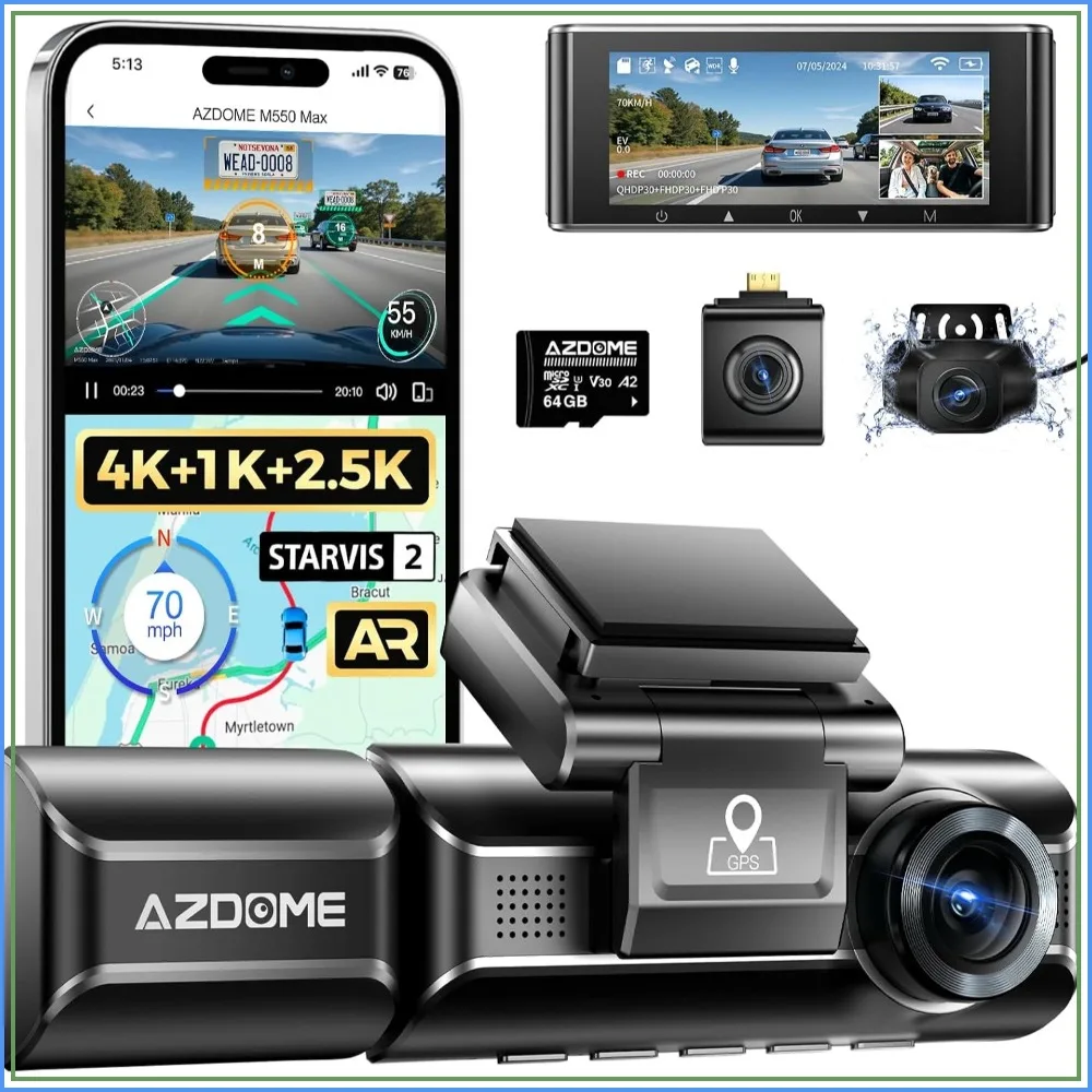 4K+2.5K+1080P Triple Dash Cam, Dual STARVIS 2, WiFi GPS, 64GB Included, IR Night Vision, Parking Mode
