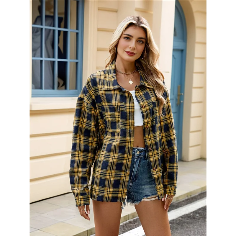 

ASDS-Womens Button Down Flannel Shirts Long Sleeve Plaid Shackets Business Casual Blouse Top