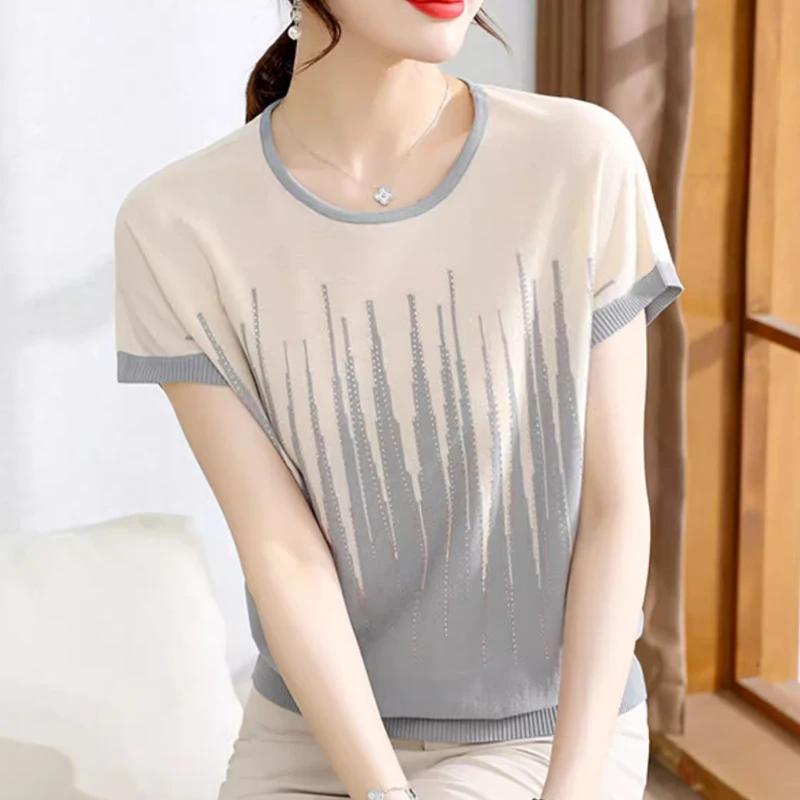 Ice Silk Summer Knitted Tops Pullover Elegant Print Blouse Simple Shirt Short Sleeve Women Casual Woman 2023 Loose O Neck 27043