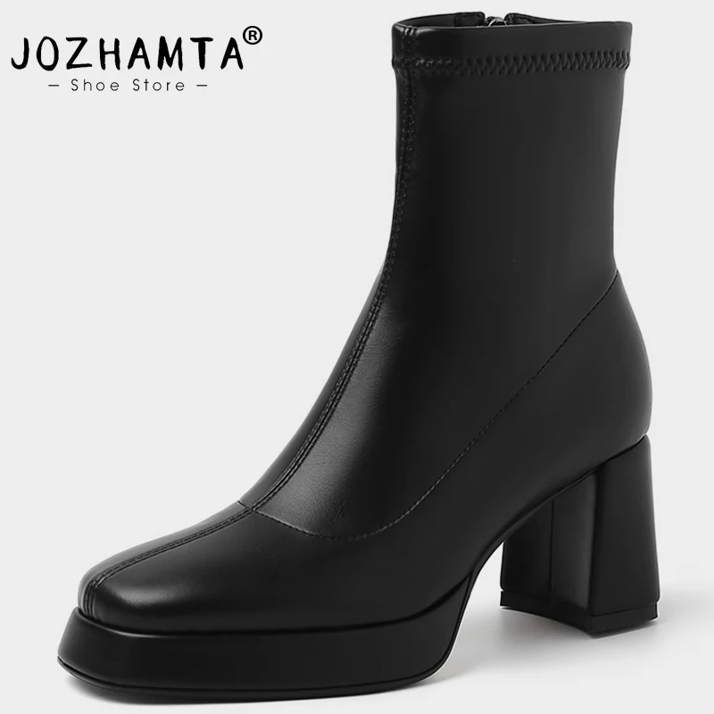 

JOZHAMTA Size 34-42 Stretch Ankle Boots For Women Elastic Soft Leather Chunky High Heel Shoes Fall Winter Platform Short Booties