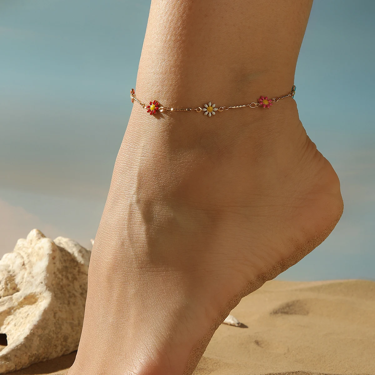 QIAMNI богемный цветочный кулон, ножной браслет, модный летний пляжный браслет на щиколотке, ювелирные изделия на ногу, цепочка для тела для женщин и девочек, подарок на день рождения