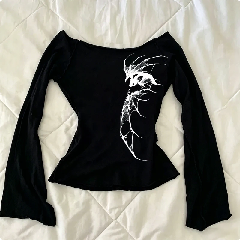 

Y2K sexy printed women's top street wear hip-hop goth women's long sleeved top rock Harajuku chic aesthetics