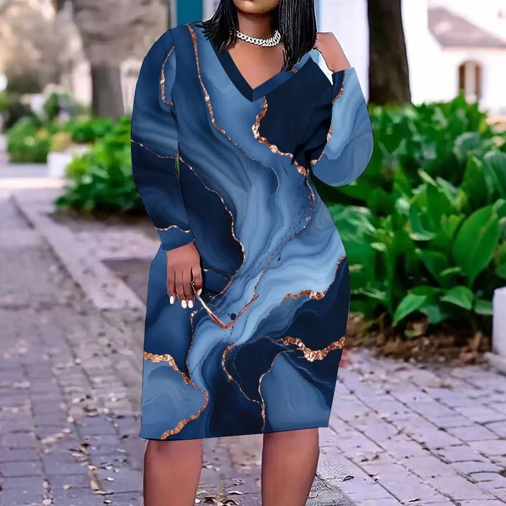 Women V Neck Long Sleeve Blue Marble Gold Line Print Knee Length Dress