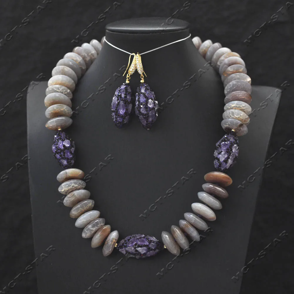 

Z14485 Set 19" 20mm Natural Gray Rondelle UFO Agate Amethyst Spiral Shape Necklace Earring