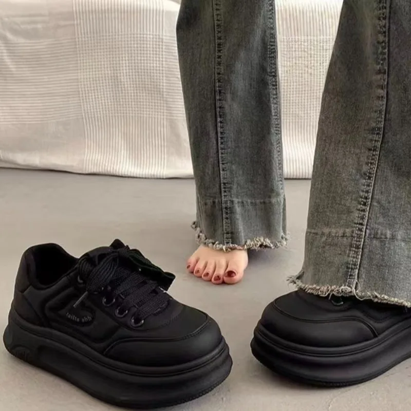 Sponge Cake Soled Shoes Women's Spring Summer Season PU Leather Thick Soled High Rise Soft Soled Casual Sports Board Shoes