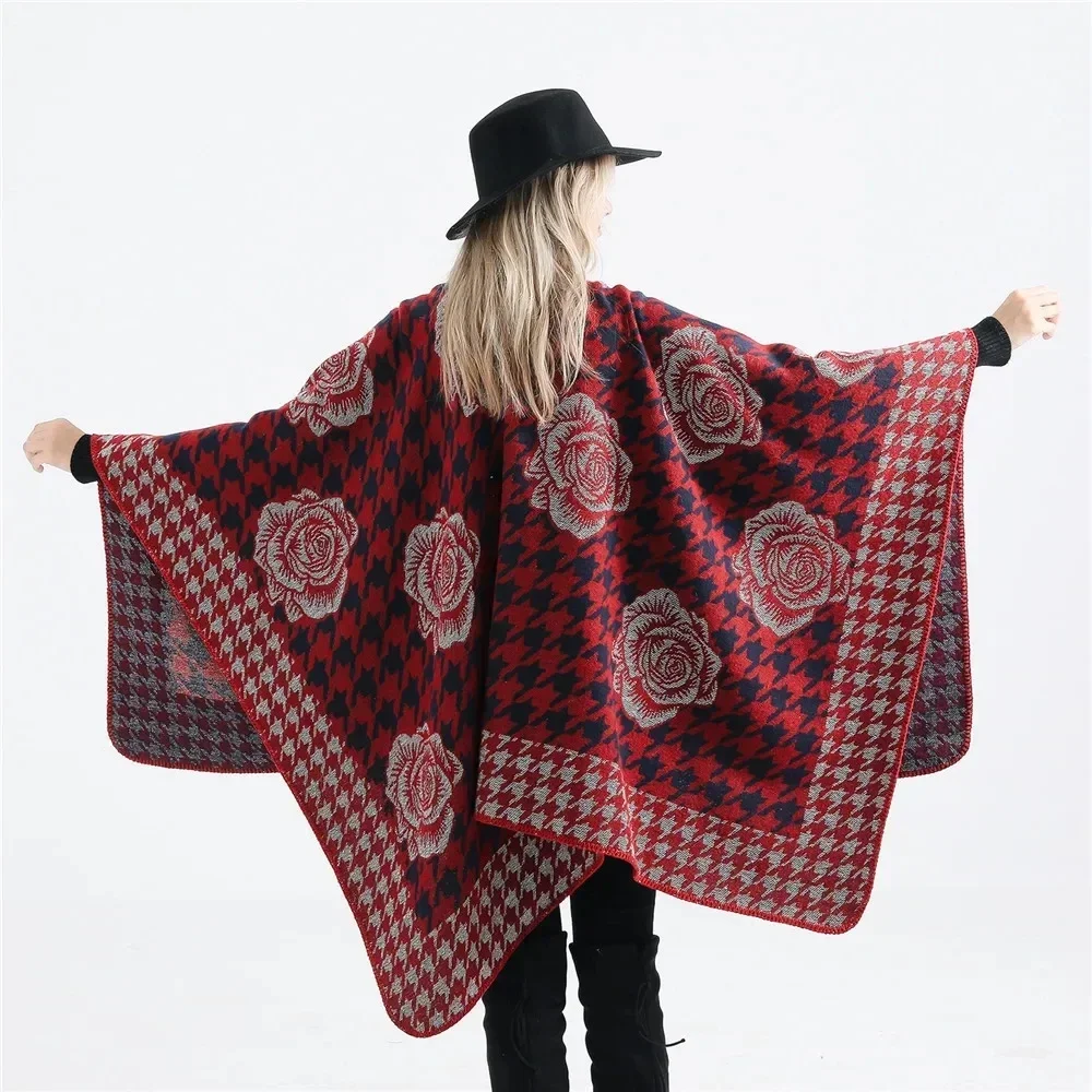 

2024 Autumn Winter New Hot Selling Fashion Gold Flower Pattern Travel Imitation Cashmere Women Shawl Poncho Capes Red