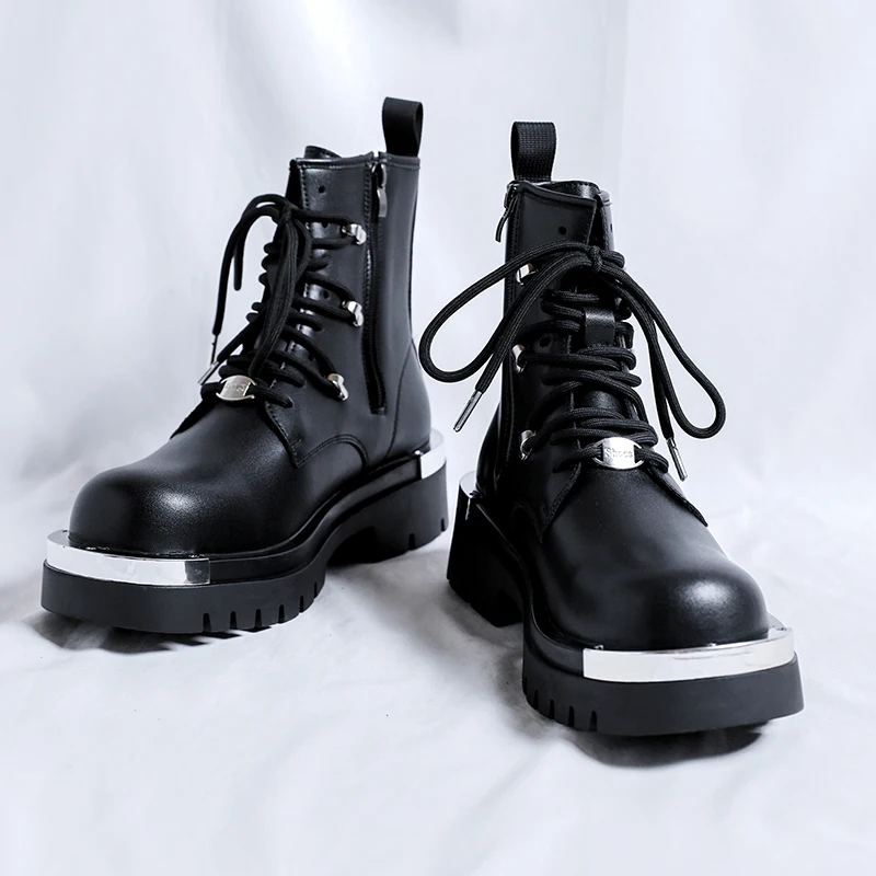 2024 S/A New British Punk Style Leather Boots For Men's Black Hombre Height Increasing Shoes Metal Decoration Fashion Cool Dress