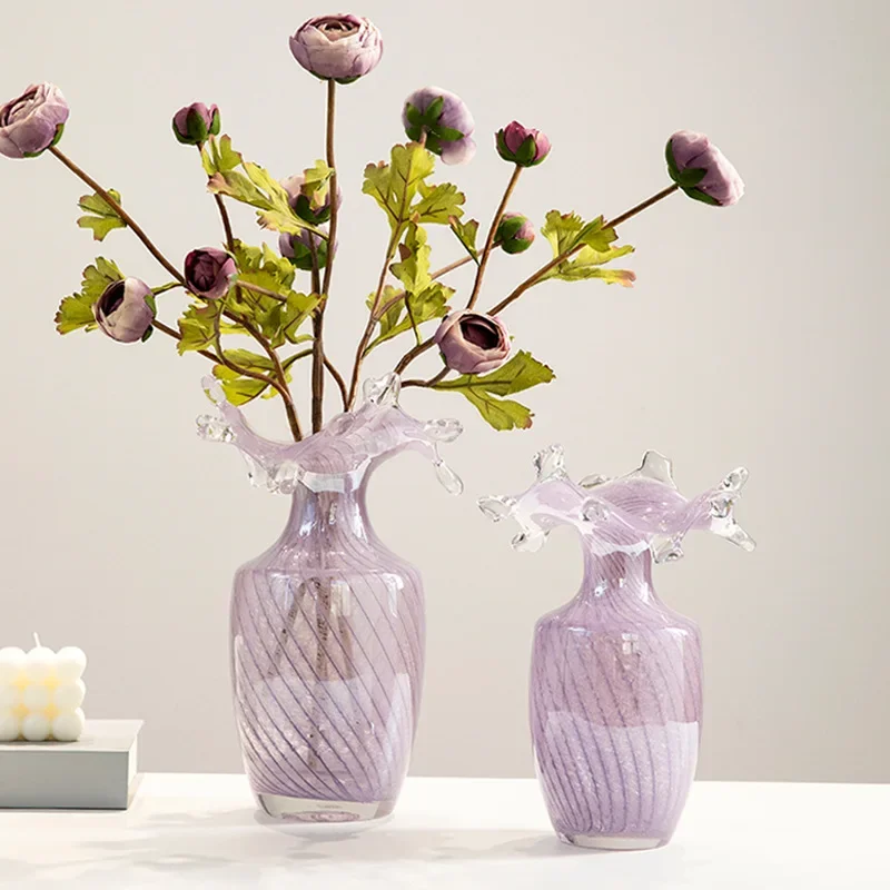 Glass Vase Purple Wavy Pleats Flower Vase Flower Arrangement Accessories Hydroponics Terrarium Home Decoration Accessories