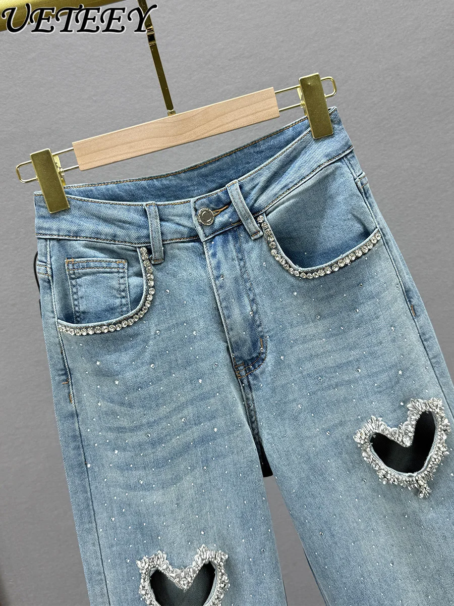 

Solid Hollow Out Denim Straight Jeans Women 2025 Autumn New High Waist Slim Fit Long Pants Rhinestone Denim Pants Female Bottoms